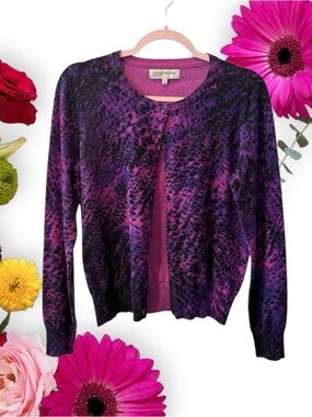 Jones New York Purple Watercolor Abstract Button-Front Cardigan Sweater
